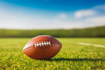 Obraz premium Closeup of an american football on a field. Playing american football, sports and national game concept. Having fun with teammates.