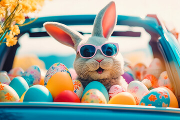 Cute and funny easter bunny in a car with colorful easter eggs, wearing adorable sunglasses. Easter...
