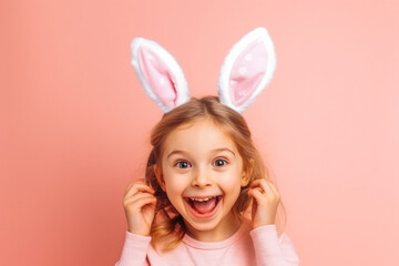 Obraz na płótnie Canvas Cute little girl with bunny ears on pink background. Portrait of smiling happy little girl wearing bunny ears on head to celebrate easter.