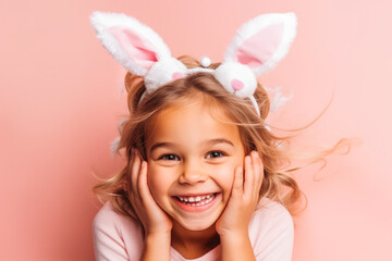 Obraz na płótnie Canvas Cute little girl with bunny ears on pink background. Portrait of smiling happy little girl wearing bunny ears on head to celebrate easter.