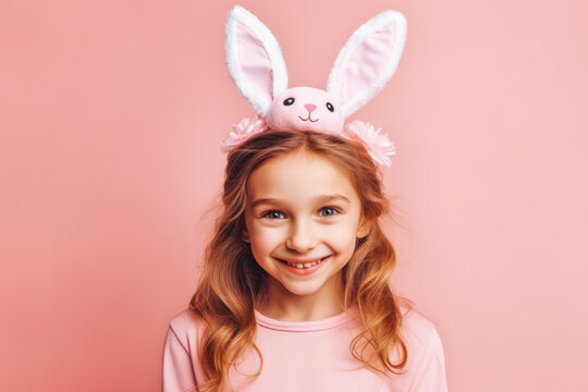 Cute little girl with bunny ears on pink background. Portrait of smiling happy little girl wearing bunny ears on head to celebrate easter.