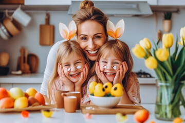 Excited mother and daughter wearing bunny ears and eater makeup. Mother and daughter celebrating easter together painting easter eggs in the kitchen.