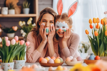 Excited mother and daughter wearing bunny ears and eater makeup. Mother and daughter celebrating easter together painting easter eggs in the kitchen. - Powered by Adobe