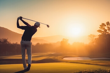 Golfer hit sweeping driver after hitting golf ball down the course. Sunlit shot of a golfer taking a swing and looking towards the course. - obrazy, fototapety, plakaty