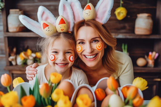 Excited mother and daughter wearing bunny ears and eater makeup. Mother and daughter celebrating easter together painting easter eggs in the kitchen.