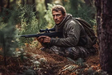 Foto auf Acrylglas Hunter during hunting in forest. Hunter holding a rifle and aiming at deer. hunting expedition in the forest wearing brown jackets and reflective gear © VisualProduction