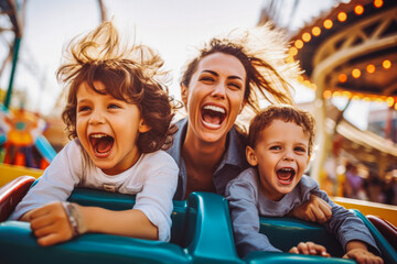 Mother and two children riding a roller coaster together having fun. Happy family on a fun roller coaster ride in an amusement park. Laughing. - obrazy, fototapety, plakaty