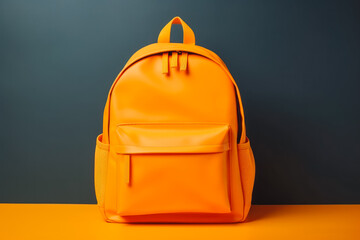 Orange backpack with school supplies on table. Back to school concept and learning. Starting new school year.
