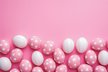 Above top view of pink colored painted easter eggs. Easter background with spring flowers and eggs....