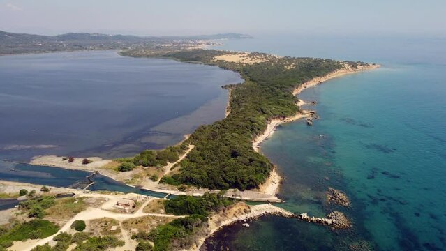 Korission lake with Halikounas and Paralia Chalikounas Beaches Kerkira Corfu Greece Aerial view