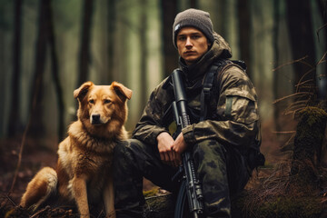 Young hunter with a rifle and a dog in the forest. Hunter during hunting in forest. Hunter holding a rifle wearing brown jackets and reflective gear