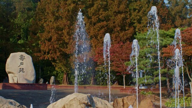 A beautiful wide angle view of Asian south Korean park with fountains, trees and leaves in the fall and autumn season at daytime with sunlight