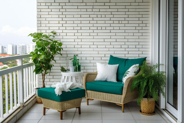 Modern cozy balcony interior design with brick wall and green furniture - Powered by Adobe