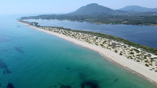 Aerial of Korission lake with Halikounas and Paralia Chalikounas Beaches Kerkira Corfu Greece