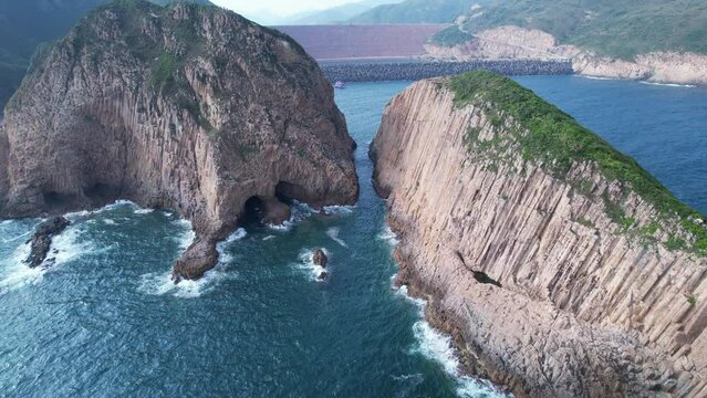 a hexagonal columns landscape in Hong Kong Geopark, at Sai Kung of Po Pin Chau island