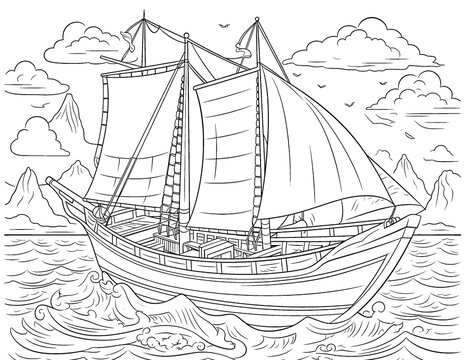 Coloring book for children, transport, ship close-up.