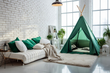 Modern living room with green wigwam and brick wall