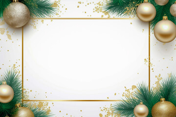 Christmas frame with pine leaf and ornament balls in golden luxury color.