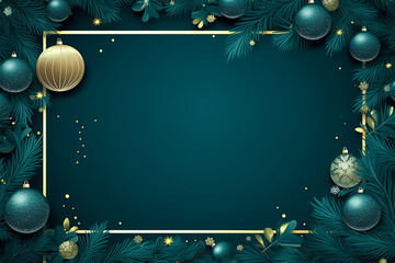 Christmas frame with pine leaf and ornament balls in luxury color.