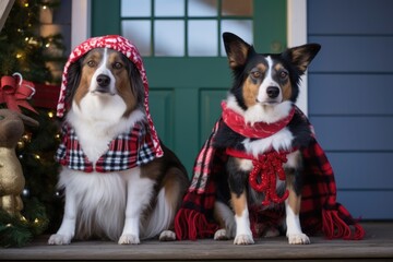 Two dogs, Christmas costumes, snowy porch