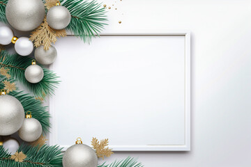 Christmas frame with pine leaf and ornament balls in silver and golden luxury color.