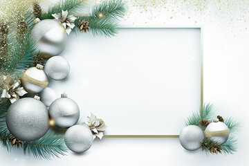 Christmas frame with pine leaf and ornament balls in silver and golden luxury color.
