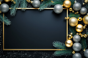 Christmas frame with pine leaf and ornament balls in silver and golden luxury color.