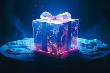 Magical gift box illuminated in the night with star and sky background.