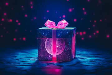 Magical gift box illuminated in the night with the moon star and sky.