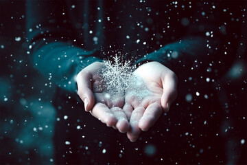 Snow flakes shape falling in to beautiful hand of women in black clothes.