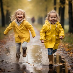 Children, yellow raincoat, rainy day, rain gear, kids in rain gear, playful kids, generative ai