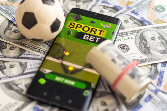 Sport betting online banner concept. app online bet on soccer. Mobile phone with soccer field on screen and realistik football ball in front. illustration