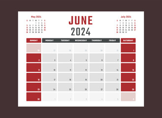 calendar for june 2024 starts sunday, vector calendar design june 2024 year