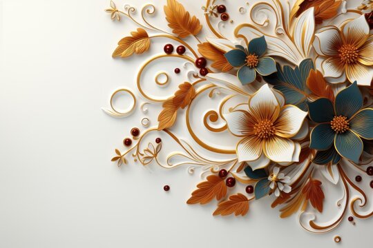 Set against a white background, an intricate 3D flower decoration is showcased, adorned with delicate leaves and intricate patterns. Photorealistic illustration