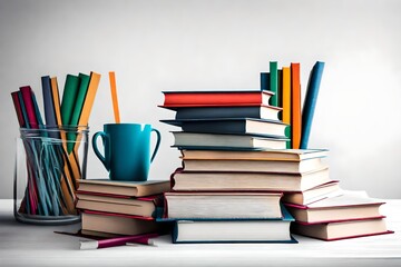 stack of books with a blue cup and white background