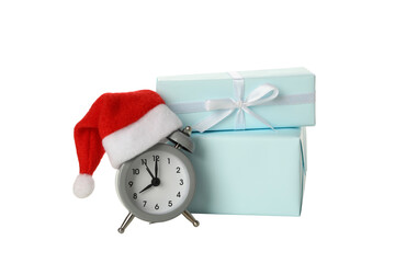 PNG,A clock with a Santa hat with a New Year's decoration., isolated on white background