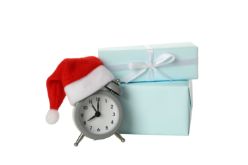 PNG,A clock with a Santa hat with a New Year's decoration., isolated on white background