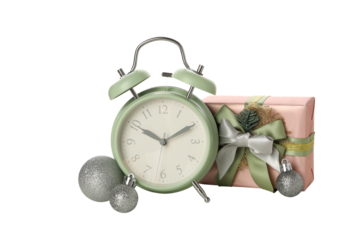 PNG,A clock  with a New Year's decoration., isolated on white background