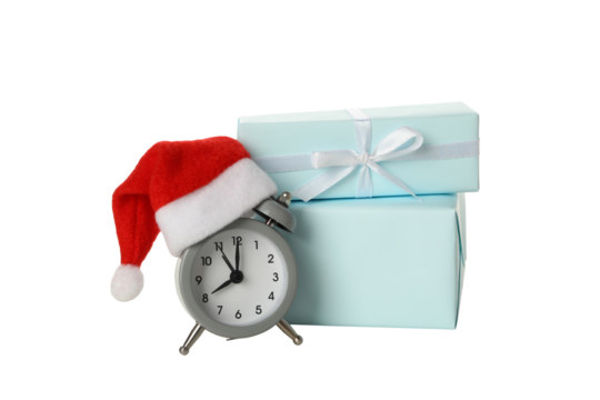 PNG,A clock with a Santa hat with a New Year's decoration., isolated on white background