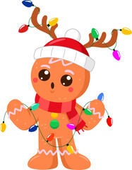 Cute Christmas Gingerbread Man Cartoon Character With Antlers And Lights. Vector Illustration Flat Design Isolated On Transparent Background