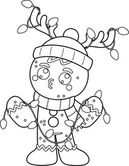 Outlined Cute Christmas Gingerbread Man Cartoon Character With Antlers And Lights. Vector Hand Drawn Illustration Isolated On Transparent Background