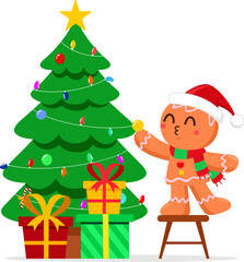 Cute Christmas Gingerbread Man Cartoon Character Decorate The Christmas Tree. Vector Illustration Flat Design Isolated On Transparent Background