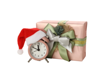 PNG,A clock with a Santa hat with a New Year's decoration., isolated on white background