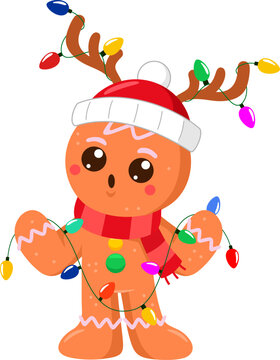 Naklejki Cute Christmas Gingerbread Man Cartoon Character With Antlers And Lights. Vector Illustration Flat Design Isolated On Transparent Background