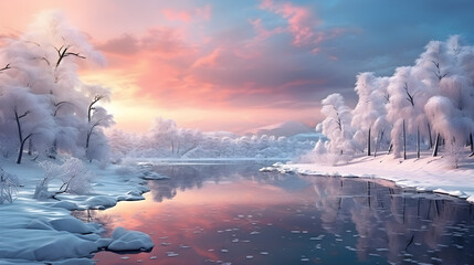 Frozen Wonder, A 3D Fantasy Winter Landscape with Snowy Park and Frozen River