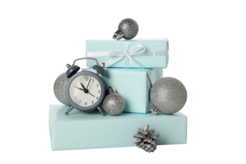 PNG,A clock  with a New Year's decoration., isolated on white background