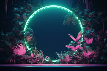 Futuristic backdrop with tropical foliage, vibrant blue/green colors, and a circular neon frame. Generative AI