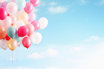 Fototapeta premium A closeup of many helium-filled balloons in a bright bunch, soaring against the blue sky an ideal backdrop for a happy birthday or anniversary party in the air. AI Generative.
