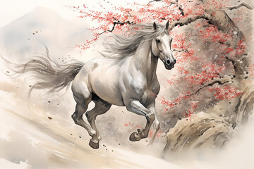 Image of horse is running with pink cherry blossoms in ancient chinese style. Wildlife Animals. Nature. Illustration, Generative AI.