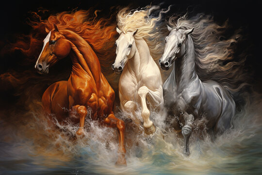Image of group horses running beautiful colors, Wildlife Animals., Generative AI, Illustration.